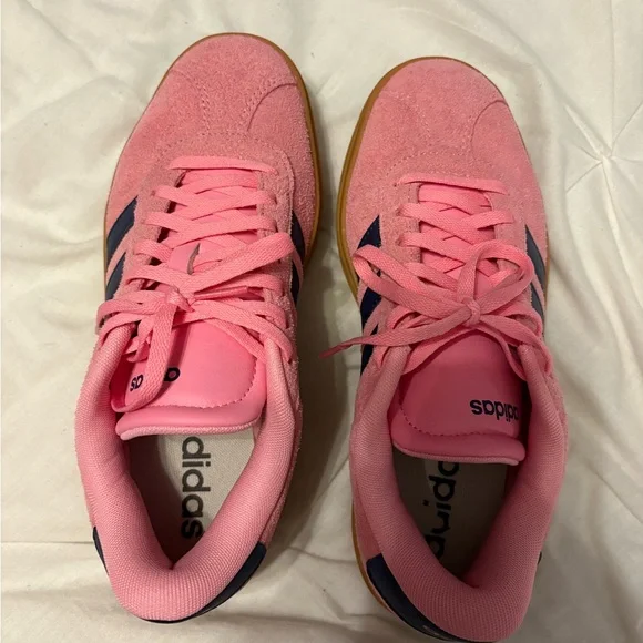 adidas Women’s Pink Suede Platform Sneakers with Navy Stripes and Gum Sole - Picture 3 of 4